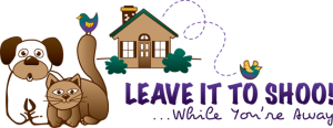 Header image for website with a cartoon of a dog, cat and bird together and the words "Leave it to Shoo!...While You're Away."