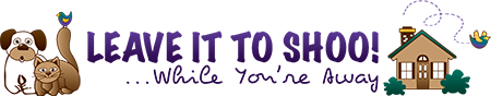Header image for website with a cartoon of a dog, cat and bird together and the words "Leave it to Shoo!...While You're Away."