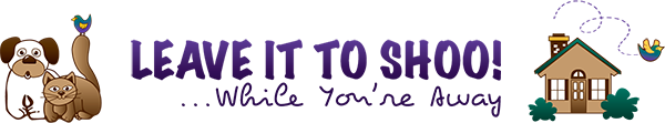 Header image for website with a cartoon of a dog, cat and bird together and the words "Leave it to Shoo!...While You're Away."